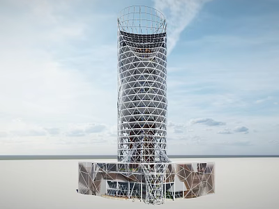 Tall Modern Office Building with Unique Grid Exterior Design and Open Surroundings Under Cloudy Sky 3d model