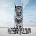 Tall Modern Office Building with Unique Grid Exterior Design and Open Surroundings Under Cloudy Sky