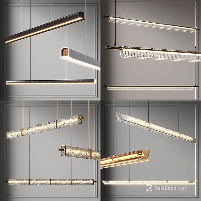 Modern Linear Chandeliers With Sleek Metal Structures And Glass Elements For Interior Design 3d model