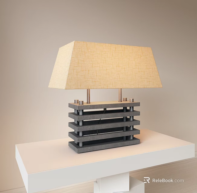 Modern Table Lamp With Woven Linen Shade And Layered Gray Base On White Table Surface 3d model