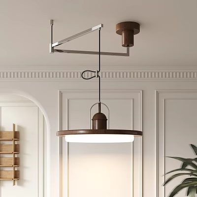 Sleek Modern Pendant Light Design With Wooden Metal Frame Round Shade And White Wainscoting In Interior Room 3d model