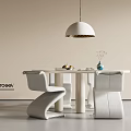 Modern White Round Dining Table with Unique Curved Chairs and Hanging Pendant Light 3d model