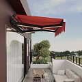 Modern Villa Balcony With Red Awning White Sofa Coffee Table And Green Plants