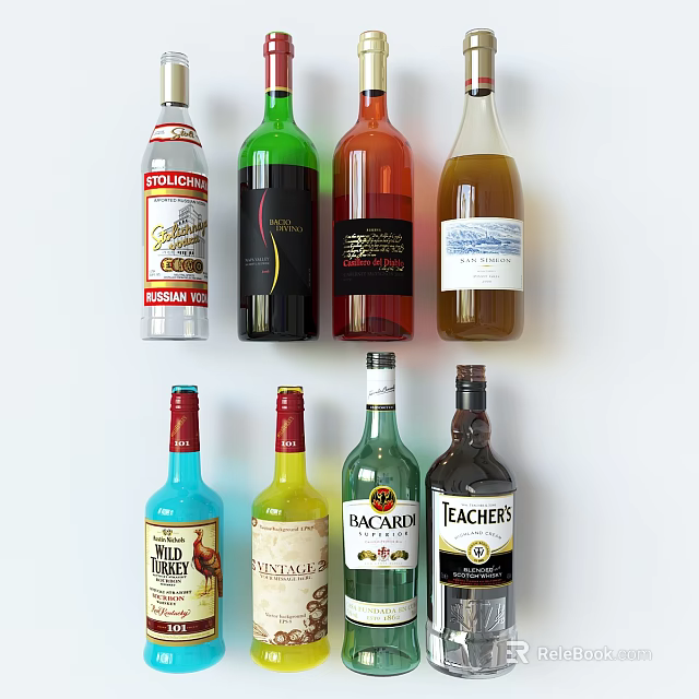 Collection Of Various Colored Alcohol Bottles From Different Brands On White Background 3d model 