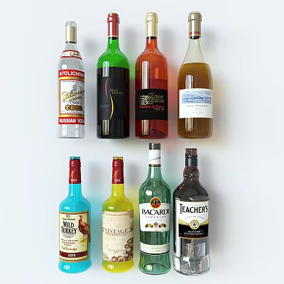 Collection Of Various Colored Alcohol Bottles From Different Brands On White Background 3d model