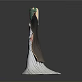 Elegant Woman In White Long Dress With Green Headpiece And Dark Cloak