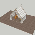 Play Equipment Tent Featuring White Top Gray Curtains String Lights Orange Chairs on Wooden Platform