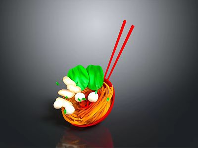 Fresh Colorful Noodle Bowl With Red Chopsticks Green Vegetables And White Mushrooms 3d model