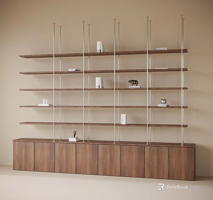 Modern Walnut Wood Bookshelf With Open Shelves And Storage Cabinets Below 3d model 