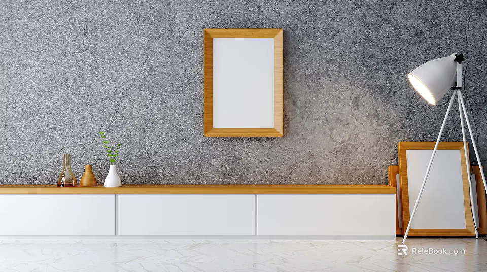 Modern White And Wooden TV Stand With Drawers Wall Frame Green Plant Vase And Lamp 3d model 