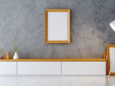 Modern White And Wooden TV Stand With Drawers Wall Frame Green Plant Vase And Lamp 3d model
