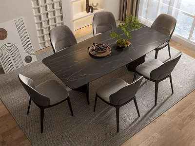 Contemporary Dining Table Set With Black Marble Top Six Gray Fabric Chairs And Green Plant 3d model
