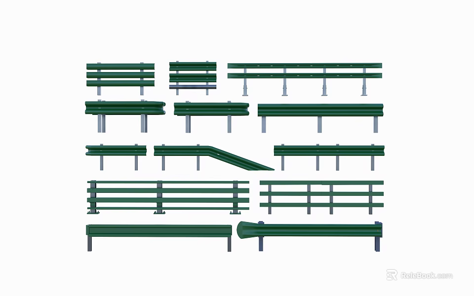 Green Road Guardrails Assorted Types Including Straight And Curved Designs 3d model 