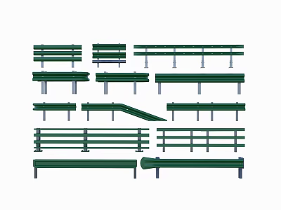 Green Road Guardrails Assorted Types Including Straight And Curved Designs 3d model