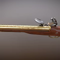 Vintage Flintlock Musket Featuring Wooden Stock Brass Accents And Metal Components