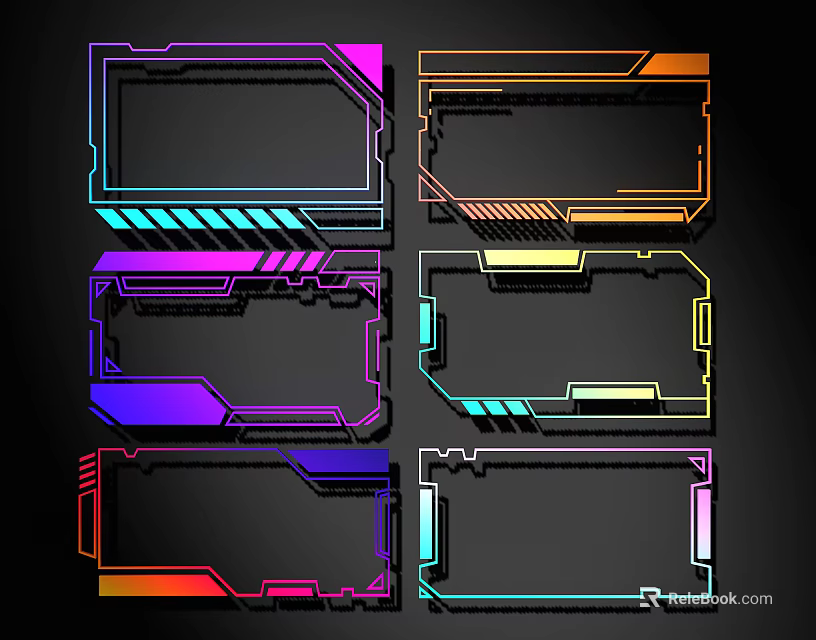 Neon Lines Tech Frames With Colorful Geometric Borders And Digital Design Elements 3d model 