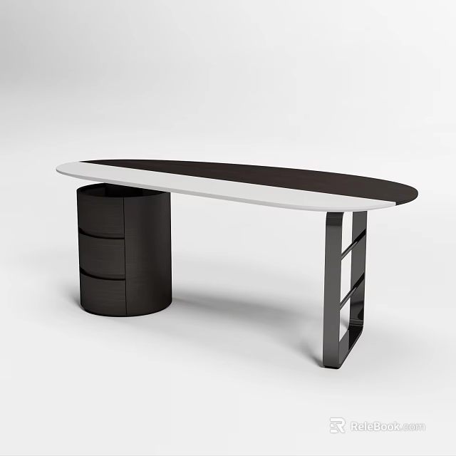 Contemporary Black White Desk Featuring Oval Tabletop And Drawer Storage 3d model 