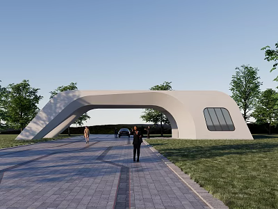 Modern Curved White Entrance Gate With Trees And Pathway For Pedestrians 3d model