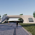 Modern Curved White Entrance Gate With Trees And Pathway For Pedestrians