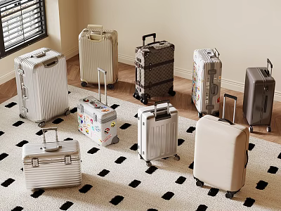 Various Stylish Luggage with Different Colors and Rolling Wheels on Black White Carpet 3d model