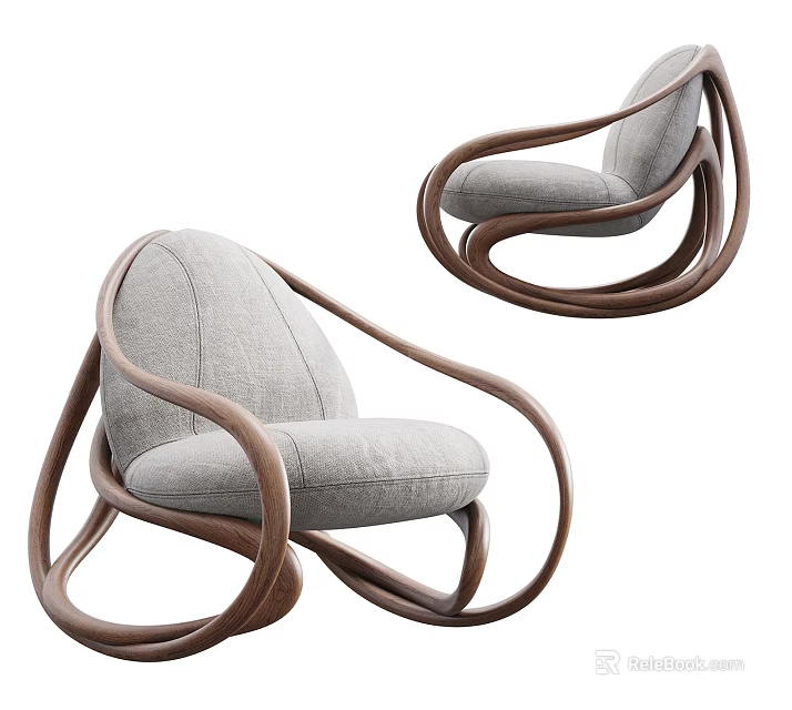 Modern Leisure Chair With Curved Wooden Frame And Gray Fabric Seat 3d model 