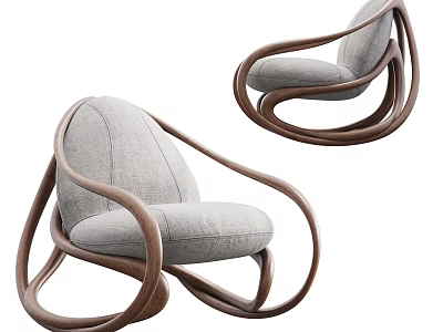 Modern Leisure Chair With Curved Wooden Frame And Gray Fabric Seat 3d model