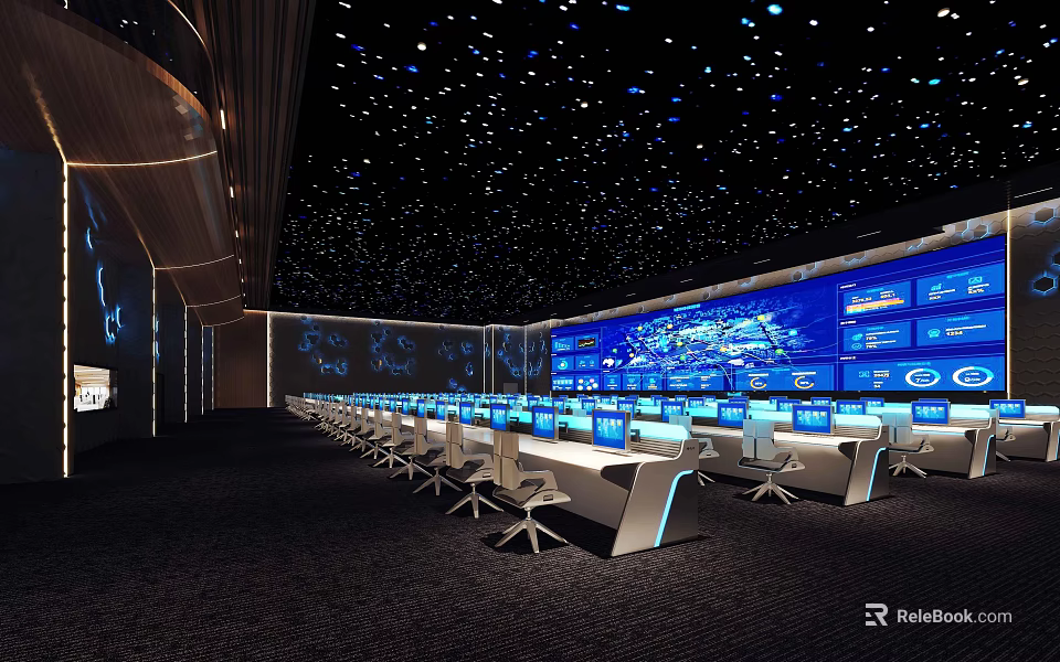 High Tech Control Room Interior Featuring Starry Ceiling Multiple Monitors And Workstations 3d model