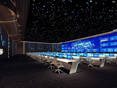 High Tech Control Room Interior Featuring Starry Ceiling Multiple Monitors And Workstations 3d model