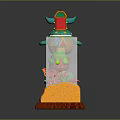 Green Whale in Transparent Cube with Small House on Back Colorful Fish and Orange Base