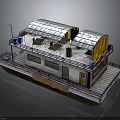 Floating Water Vessel With Blue Yellow Canopies Railing Platform And Windows