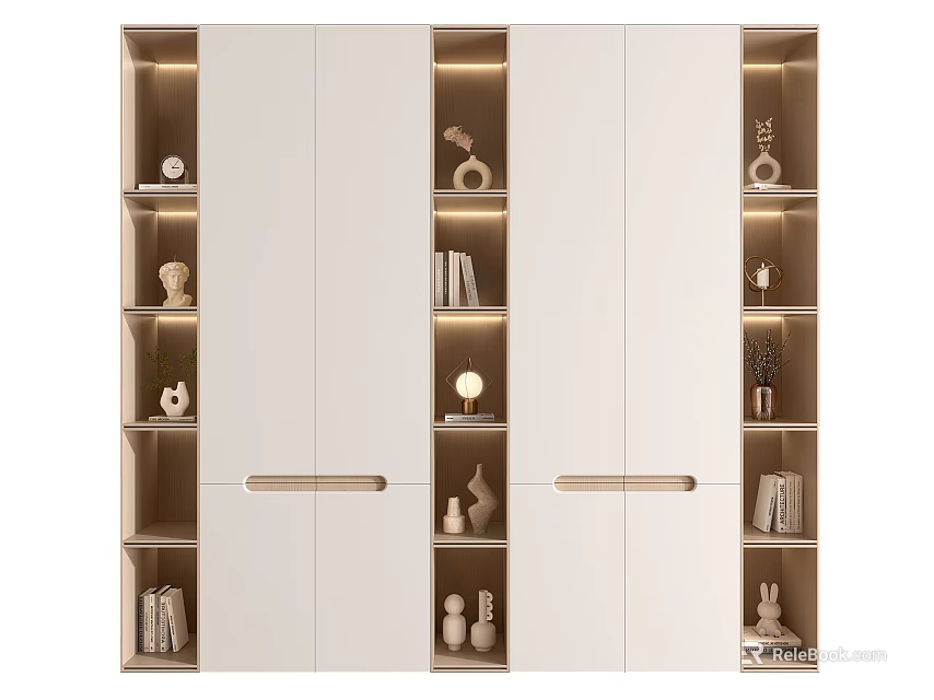 Modern Wardrobe Design With White Cabinets Open Shelves Built-in Lighting Books And Decorative Items 3d model 