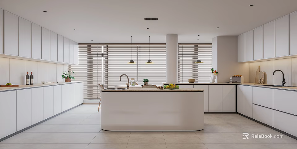 Modern Kitchen Interior With Island Counter Cabinets And Pendant Lights 3d model 