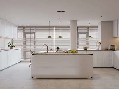 Modern Kitchen Interior With Island Counter Cabinets And Pendant Lights 3d model