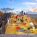 Vibrant Stairs In Bright Public Space With Colorful Steps Plants People And Escalator