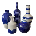 Blue And White Ceramic Vases With Various Striped Gradient And Shaped Designs For Home Decor
