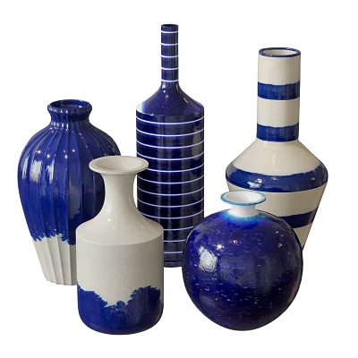 Blue And White Ceramic Vases With Various Striped Gradient And Shaped Designs For Home Decor 3d model