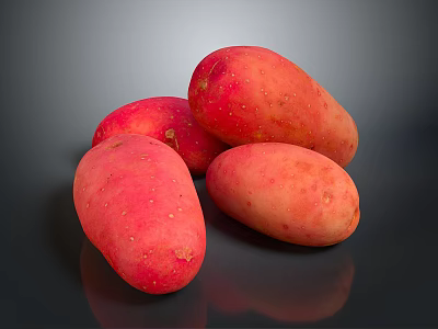 Four Fresh Red Potatoes With Small Spots On Black Smooth Surface Showing Reflections 3d model