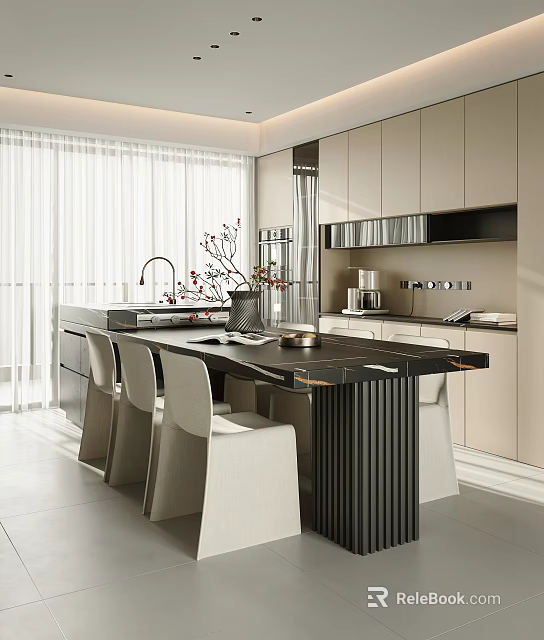 Modern Restaurant Open Kitchen Interior With Marble Island Dining Table And Chairs 3d model 