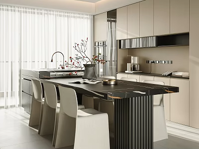 Modern Restaurant Open Kitchen Interior With Marble Island Dining Table And Chairs 3d model