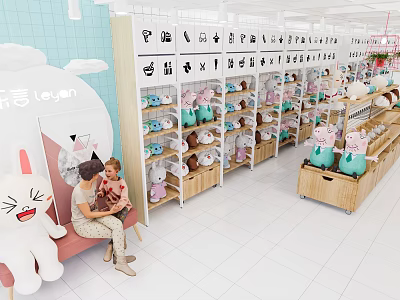 Vibrant Toy Store Interior With Plush Stuffed Animals Display Shelves And Shopping Families 3d model