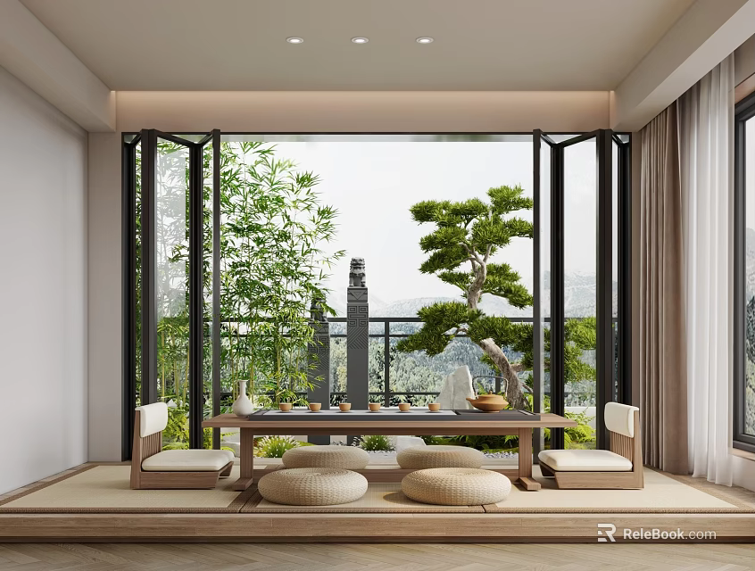 Serene Japanese Tea Room Interior With Wooden Table Floor Cushions And Outdoor Green Mountain View 3d model 