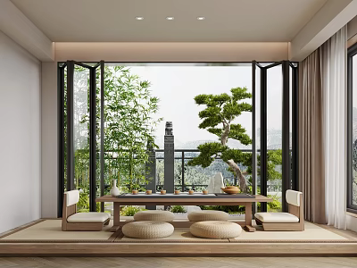Serene Japanese Tea Room Interior With Wooden Table Floor Cushions And Outdoor Green Mountain View 3d model