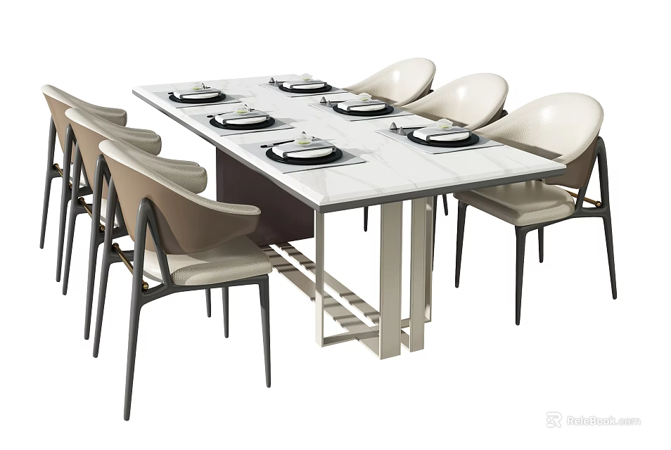 Modern Rectangular Marble Top Dining Table Set With Six Light Colored Chairs And Black Plates 3d model