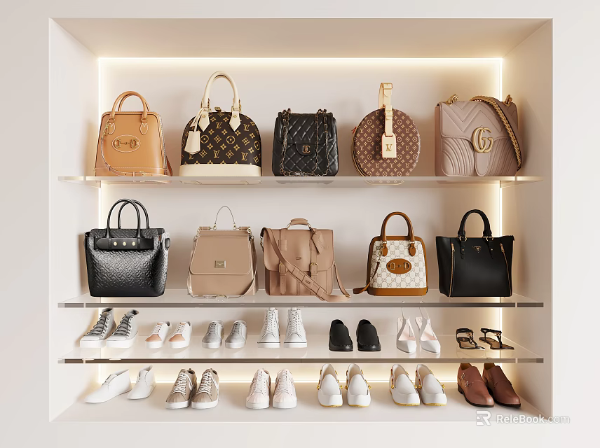 Illuminated Handbag Storage Shelves With Various Designer Bags And Shoes 3d model 