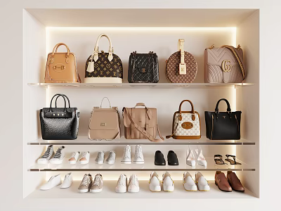 Illuminated Handbag Storage Shelves With Various Designer Bags And Shoes 3d model