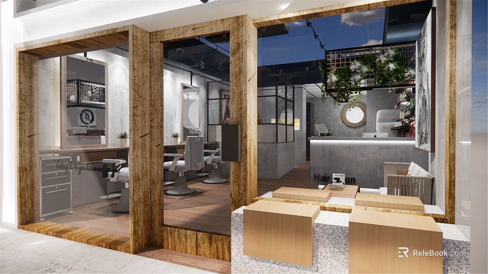 Modern Beauty And Hair Salon Interior With Styling Chairs Mirrors Lighting And Decorative Plants 3d model 