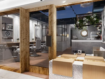 Modern Beauty And Hair Salon Interior With Styling Chairs Mirrors Lighting And Decorative Plants 3d model