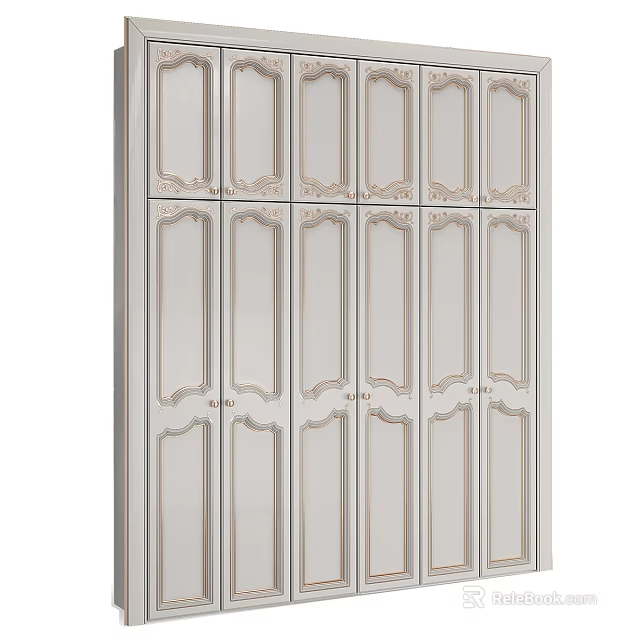 Classic White Wardrobe Design With Carved Panel Details And Multiple Doors 3d model 