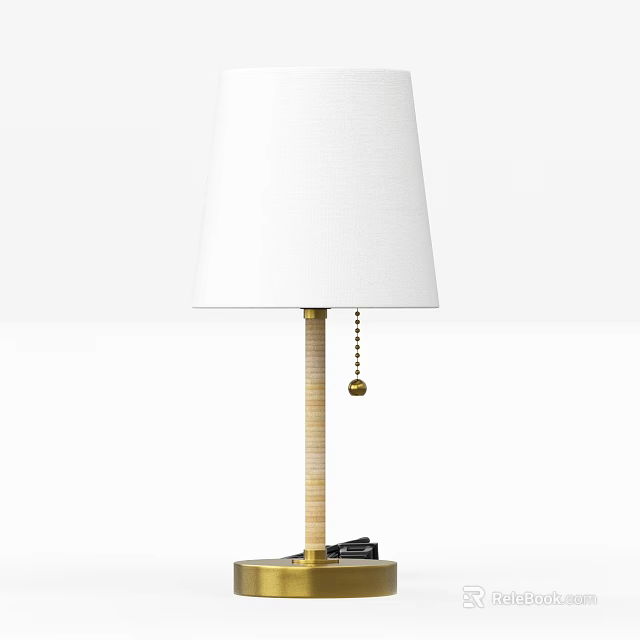 Stylish Table Lamp With White Lampshade Golden Pole Pull Chain And Black Base 3d model