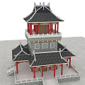 Ancient Architecture Multistory Tower With Overhanging Eaves Red Pillars Gray Walls Black Tiles Stone Railings